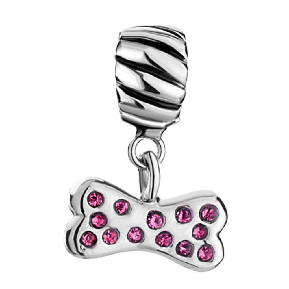 Pugster Dog Bone Pink Crystal Dangle Bracelet Charm - Fits Pandora